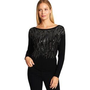 Trina Turk Small Black Sequin Boatneck Front V Neck Back Merino Wool  Sweater
